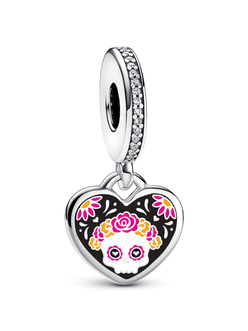 Engravable Day of the Dead Sugar Skull Heart Dangle Charm - Image 2