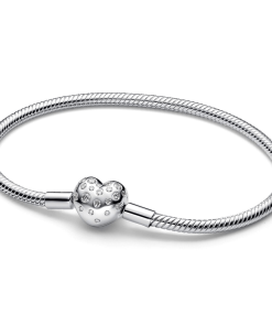 Pandora Sterling Silver Lab-grown Diamond Heart Clasp Snake Chain Bracelet
