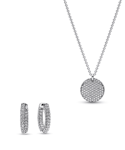 Pave Round Necklace and Hoop Earrings Set
