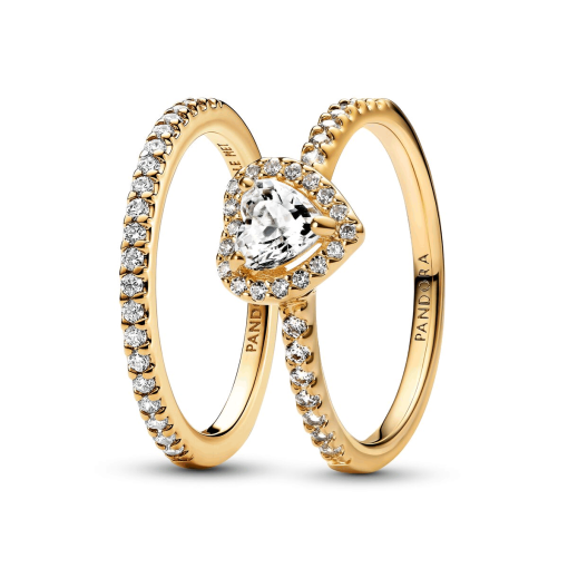 Playful Love Golden Elevated Heart Sparkling Band Ring Set - Image 2