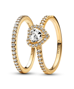 Playful Love Golden Elevated Heart Sparkling Band Ring Set