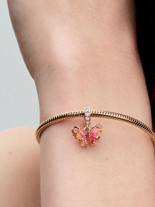 Pink & Yellow Murano Glass Butterfly Dangle Charm - Image 2