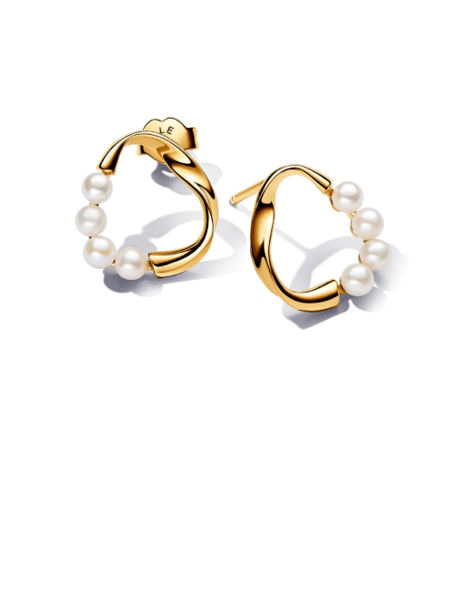 Organically Shaped Circle & Treated Freshwater Cultured Pearls Stud Earrings - Image 3