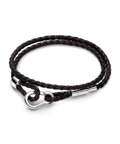 Pandora Moments Brown Braided Double Leather Bracelet