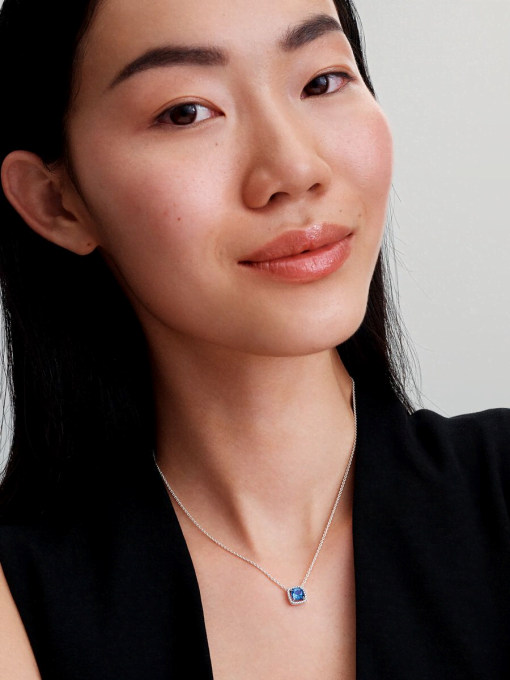 Sparkling Square Blue Halo Pendant Necklace - Image 3