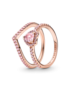 Sparkling Pink Heart Wishbone Ring Set