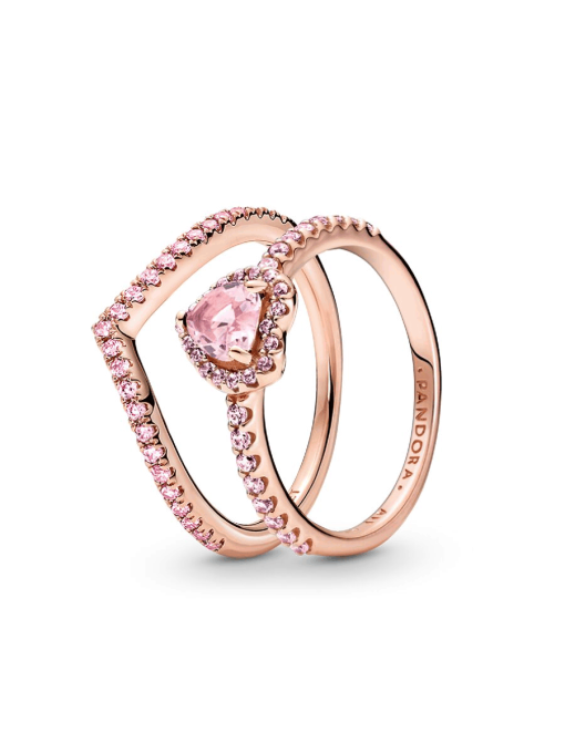 Sparkling Pink Heart Wishbone Ring Set