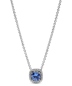 Sparkling Square Blue Halo Pendant Necklace