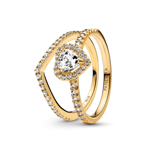 Playful Love Golden Elevated Heart Wishbone Ring Set