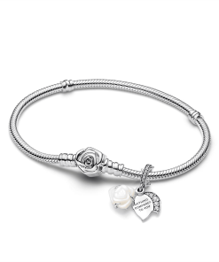 White Rose in Bloom Double Dangle Charm Bracelet Set