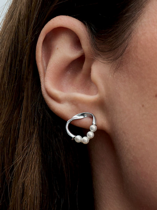 Organically Shaped Circle & Treated Freshwater Cultured Pearls Stud Earrings - Image 2