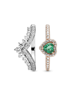 Green Heart Princess Wishbone Stacking Ring Set