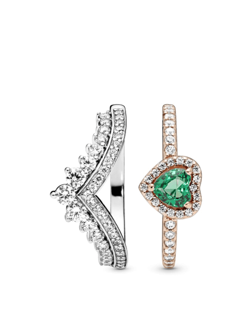 Green Heart Princess Wishbone Stacking Ring Set