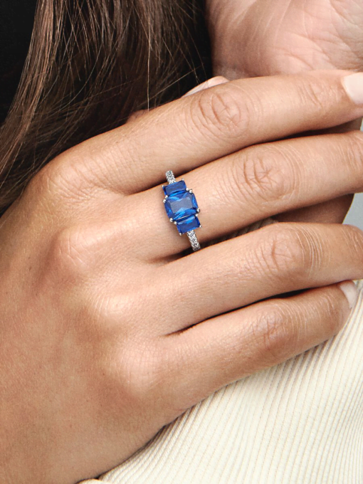 Blue Rectangular Three Stone Sparkling Ring - Image 2