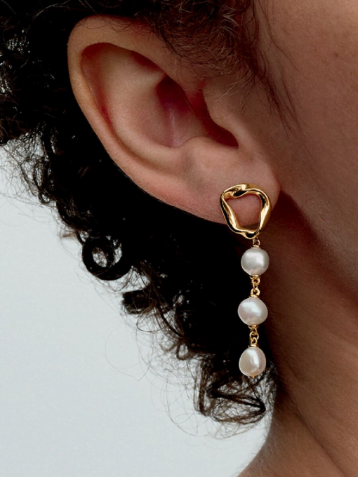 Organically Shaped Circle & Baroque Treated Freshwater Cultured Pearls Drop Earrings - Image 2
