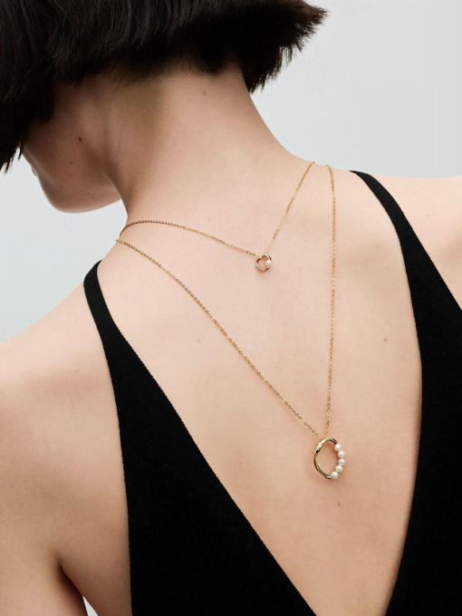 Organically Shaped Pave Circle & Treated Freshwater Cultured Pearl Collier Necklace - Image 4