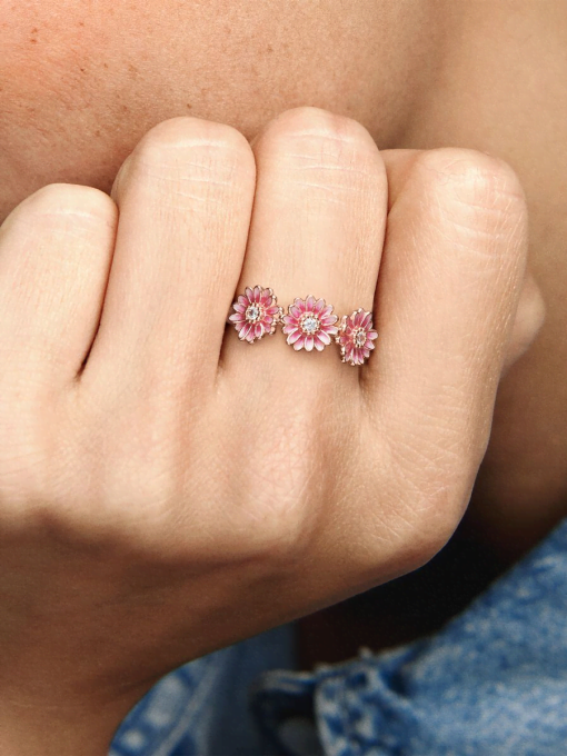Pink Daisy Flower Trio Ring - Image 2
