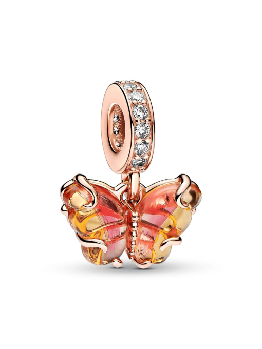 Pink & Yellow Murano Glass Butterfly Dangle Charm - Image 3