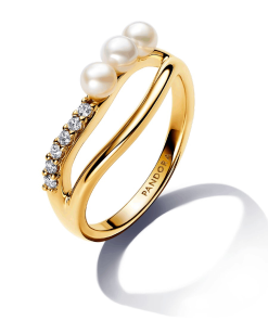 Treated Freshwater Cultured Pearl & Organically Shaped Double Band Ring