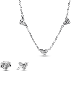 Triple Stone Heart Station Necklace and Earring Set