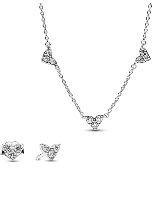 Triple Stone Heart Station Necklace and Earring Set