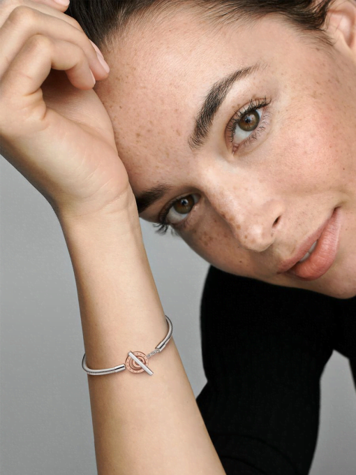 Pandora Moments Two-tone Logo T-Bar Snake Chain Bracelet - Image 4