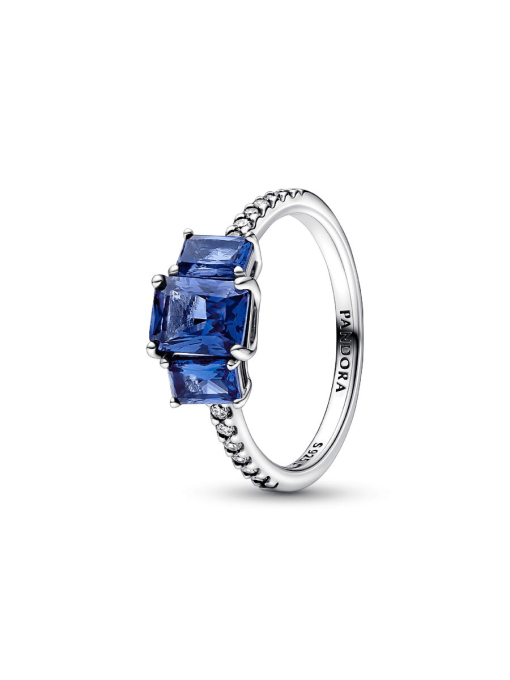 Blue Rectangular Three Stone Sparkling Ring